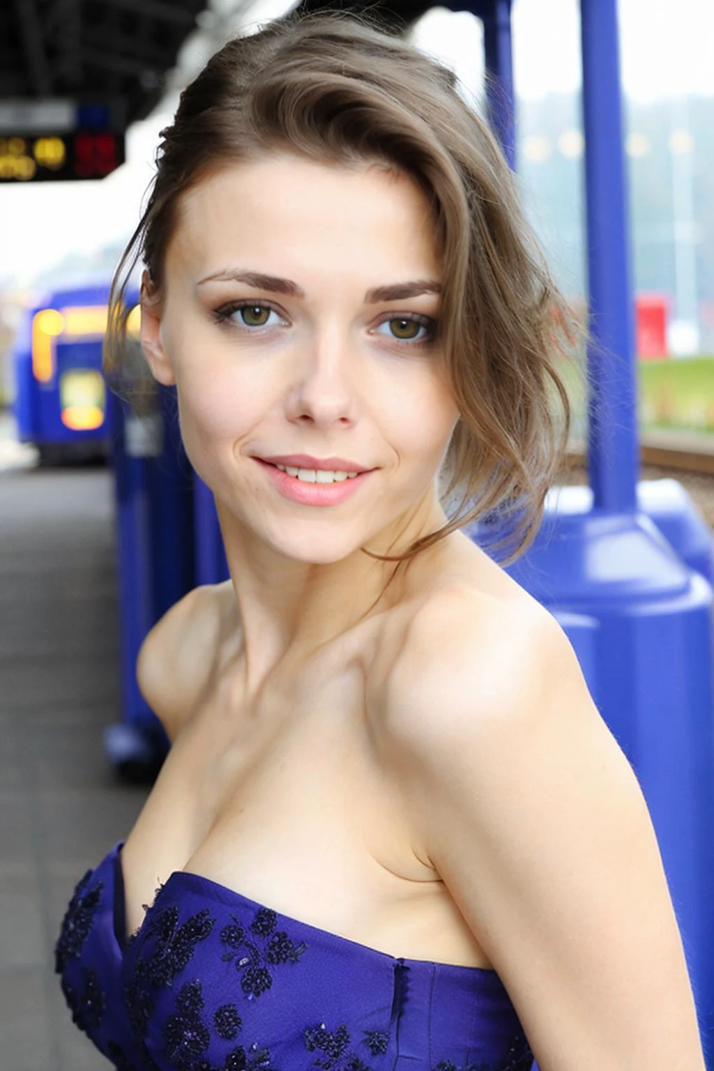 best quality and best aesthetic,a photo of a ukrainian woman named milaazul, <lora:mila azul_V1:0.8>,Look at the camera and smile naturally,wearing a dress,makeup,eyelash,upper body,detailed face, detailed facial features,detailed eyes,face,looking at viewer,Outdoor,train station background, Fujifilm XT3,film still,film grain,cinematic,<lyco:film grainV3:0.4>