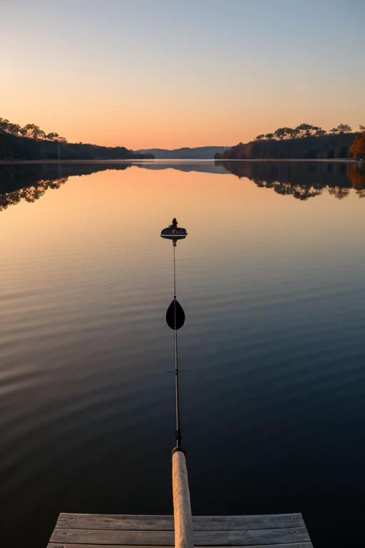 a lonely fisherman catches fish with a fishing rod on a lake, sitting in the middle in a rubber boat, dawn, sunrise, calm, mirror-like surface of water, cinematic photography, hyper realistic majestic Autumn lake scene, fishing by Ethereal liquid smoke, tonalist color scheme, organic formations, haze,