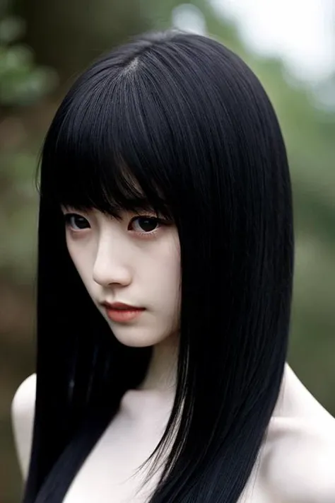 from front,a woman,closed mouth,Long black hair and bangs,portrait,best quality and best aesthetic,pale skin, facing viewer,Off the shoulders,face close-up