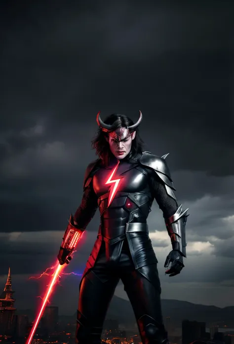 A Demon with red skin holding swords and fire around him, standing in front of a human. The background is a bright white light and neon colors. The sky of hell is in dark tones. It is depicted in a hyper realistic, photo realistic style with a full body shot in the full frame, in the style of hyperrealism.