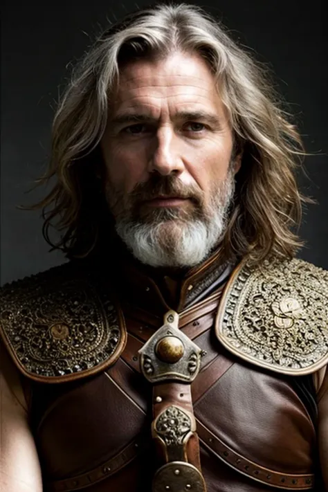 portrait of a ruggedly handsome paladin, soft hair, muscular, (half body), masculine, mature, salt and pepper hair, leather, hairy, d & d, fantasy, intricate, elegant, highly detailed, digital painting, artstation, concept art, smooth, sharp focus, illustration, art by artgerm and greg rutkowski and alphonse mucha