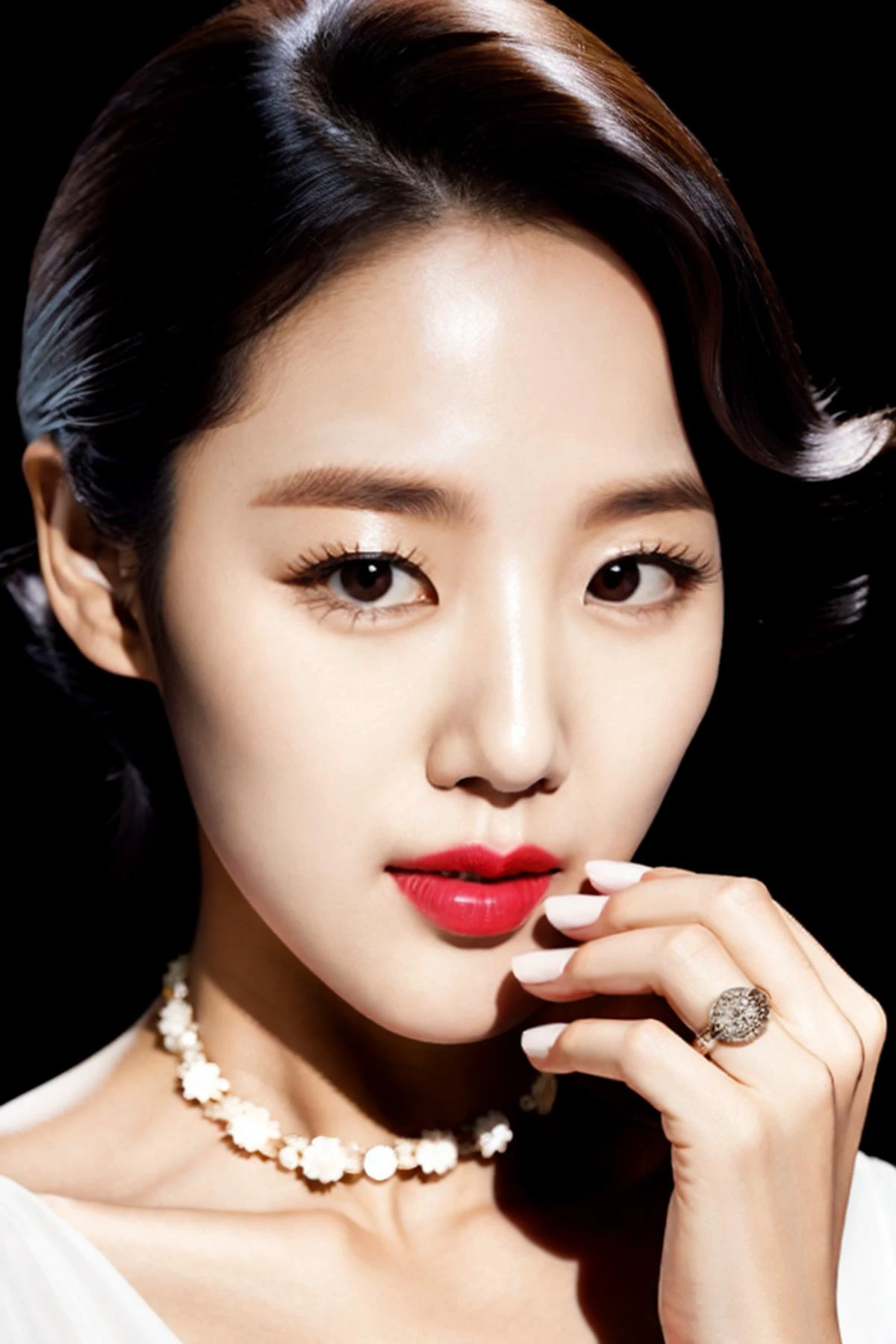 best quality and best aesthetic,nigth,A photo of a sexy korean idol wearing a ring on her hand,Wearing a beautiful dress,face close-up ,asianbabe
,detailed hand and Detailed 5 fingers and Detailed 5 finger nails,black hair,jewelry,gem,wearing necklace
She raised a hand to her face,
film grain,cinematic,<lyco:film grainV3:0.3>,flash photography,<lora:flash photography photoV3:0.4>
black background,simple background <lora:asianbabe_V6:0.6>
