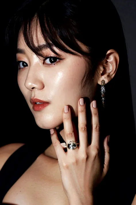 nigth,A photo of a sexy korean idol wearing a ring on her hand,Wearing a beautiful dress,face close-up ,Cleavage visible,
,detailed hand and Detailed 5 fingers and Detailed 5 finger nails,black hair,
She raised a hand to her face, 
film grain,cinematic,<lyco:film grainV3:0.3>,flash photography,<lora:flash photography photoV3:0.3>
dark bedroom background