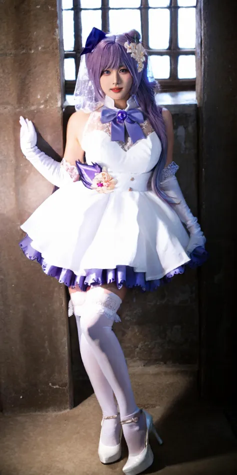 <lora:Genshin_Keqing_WeddingDress_cosplay_v1:0.85>,A photo of a beautiful 18-year-old Korean idol,
keqing cosplay costume, keqing, cosplay, alternate costume, purple hair, twintails, long hair, hair bun, cone hair bun, dress, white dress, wedding dress, sleeveless dress, frills, lace trim, gloves, white gloves, elbow gloves, bow, bowtie, flower, veil, bridal veil, bride, hair ornament, hair flower, hair ribbon, hair bow, thighhighs, lace-trimmed legwear, frilled thighhighs, white thighhighs, high heels <lora:asianbabe_V6:0.6>
(standing,full body),wearing shoes,(church background,outdoors), detailed hands and Detailed 5 fingers and Detailed 5 finger nails