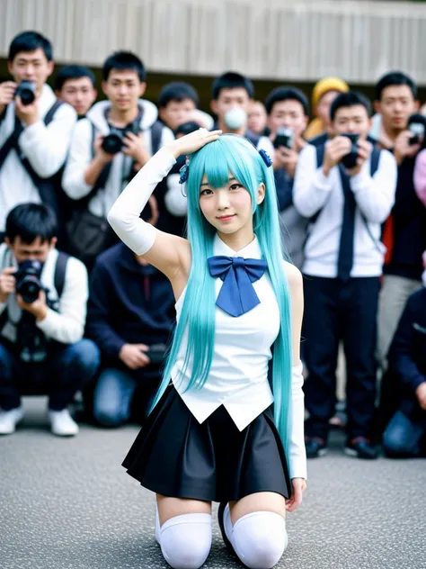 a beautiful 18-year-old Chinese woman,
view of a woman from front,multiple clothed male photographers taking photos of a woman with cameras,multiple clothed male photographers taking photos of the same woman with phones,multiple photographer backgrounds,woman focus,woman facing viewer,woman looking away,woman full body visible,woman arm up,her other hand was on her thigh,woman is kneeling on one foot,detached sleeves,taking picture,long hair,skirt,crowd,multiple photographers wearing mouth mask,thighhighs,woman with aqua hair,twintails,very long hair,bow,hair ornament,cosplay,one knee,bowtie,smile,sleeveless,black skirt,bare shoulders,white boots,white shirt,bangs,outdoors
<lora:cosplay & multiple photographer backgrounds_V1:0.7>,<lora:depth of field slider v1-æ¯æ·±:-6>,depth of field,blurry background <lora:asianbabe_V6:0.5>
outdoors,square,, <lora:LCM_LoRA_Weights_SD15:1>