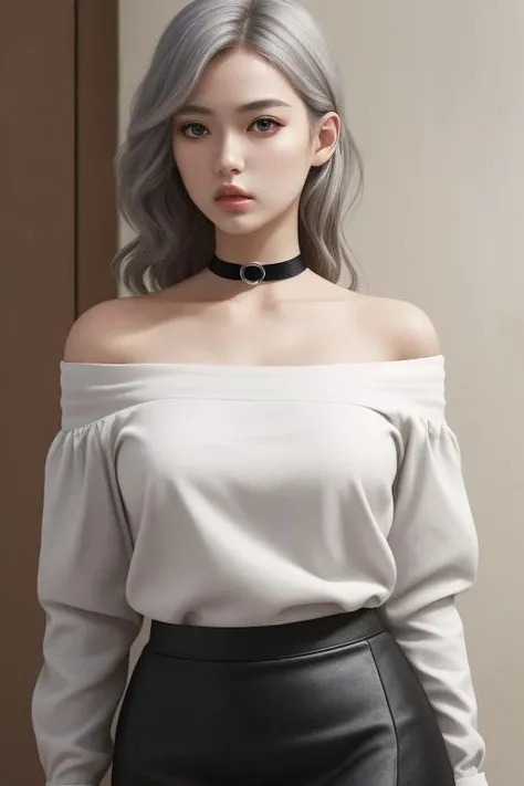 best quality, ultra high res, (photorealistic:1.4), 1 woman , off shoulder white shirt, black tight skirt, black choker, (faded ash gray hair:1), (huge breasts:1.2), looking at viewer, closeup lora:koreandolllikeness v20:0.66