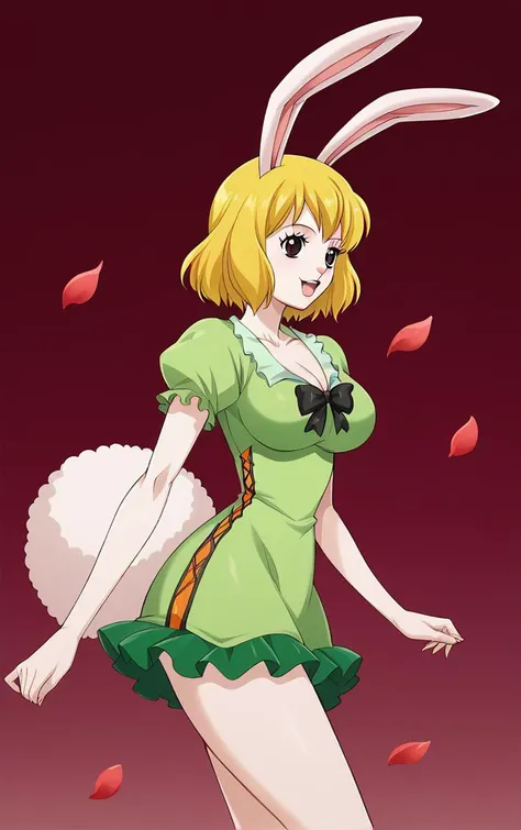 score_9, score_8_up, score_7_up, BREAK
GreenDress_Carrot_ownwaifu,
1girl, blonde hair, rabbit girl, short hair, furry female, rabbit tail, animal ears, brown eyes, rabbit ears, buck teeth, large breasts, animal nose, body fur, white fur, collarbone, bare legs, colored skin,
dress, green dress, short sleeves, puffy sleeves, bow, cleavage, puffy short sleeves, frills, green shirt, short dress,
(contrapposto, from side, looking down, cowboy shot), falling petals, red petals, simple background, bokeh, <lora:PONYXL_ONEPIECE_Carrot_ownwaifu:0.85>, solo,