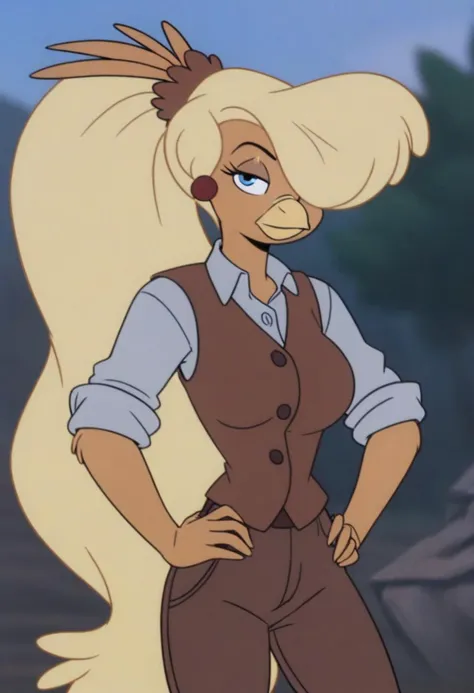 Goldie, big hair, beak, bird girl, breasts, solo, blonde hair, animal ears,bird girl, long hair,1girl, long hair,blonde hair, solo, brown vest, shirt,blue eyes, vest, hands on own hips, very long hair, pants, hair over one eye, brown pants, sleeves rolled up, looking at viewer, breasts, brown shirt, standing, cowboy shot, furry, collared shirt, open vest, buttons, medium breasts, tied shirt, grey shirt, outdoors, half-closed eyes
score_9, score_8_up, score_7_up, score_6_up <lora:GoldieRockaPony1.0:0.8>