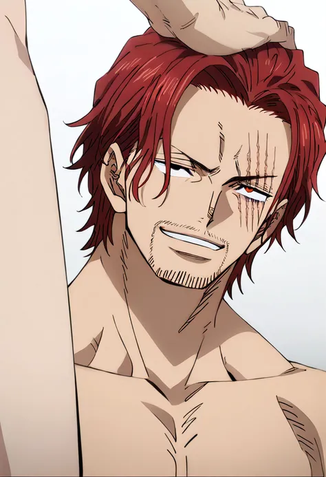 red_Shanks_hair, black_Shanks_facial hair, dark brown_Shanks_scar across eye, hair over scar, twink,slim athlete, penis on shoulder, standing,large penis, uncut,flacid, white background, smug expression, seductive eyes, half-closed eyes, hand on another's head, shirtless, solo focus, highly detailed, best aethetic, close up, official art, anime screencap, masterpiece, best quality, amazing quality, best aesthetic, absurdres, year 2023, source anime, <lora:Expressive_H-000001:0.4>, <lora:anime:0.65>, <lora:g0th1cPXL:0.4>, <lora:merge5v2:0.5>, embedding:zPDXL3, <lora:Shanks> , <lora:detailed_notrigger>