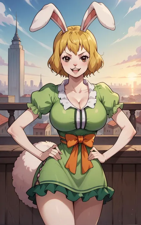 score_9, score_8_up, score_7_up, BREAK
GreenDress_Carrot_ownwaifu,
1girl, blonde hair, rabbit girl, short hair, furry female, rabbit tail, animal ears, brown eyes, rabbit ears, buck teeth, large breasts, animal nose, body fur, white fur, collarbone, bare legs, colored skin,
dress, green dress, short sleeves, puffy sleeves, bow, cleavage, puffy short sleeves, frills, green shirt, short dress,
(contrapposto, hand on hip), sunset, sidelighting, cityscape, vanishing point, outdoors, <lora:PONYXL_ONEPIECE_Carrot_ownwaifu:1> , depth of field, solo,