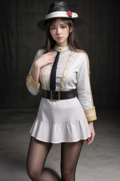 best quality, masterpiece, realistic, photorealistic, 1girl, solo, looking at viewer, full body, cyb dress, collared shirt, long sleeves, necktie, capelet, frills, badge, long dress, high heels, witch hat, simple background, <lora:magic_costume_style2_v2:0.65>saggy breast