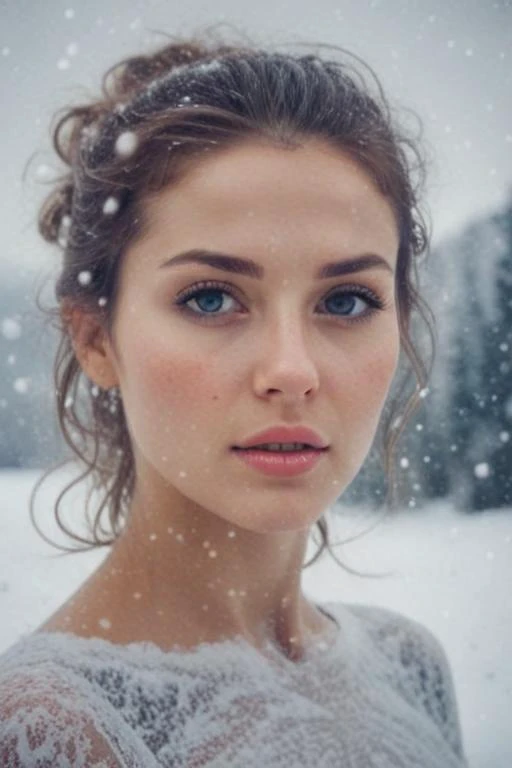 A surreal double exposure portrait that combines a woman's face with a beautiful snowy landscape. The overall atmosphere is dreamy and mystical, with rich colors and intricate details. <lora:pocket_calendar:1> <lora:Calendar:0.93>
