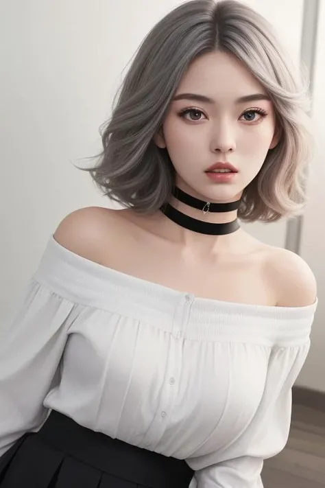 best quality, ultra high res, (photorealistic:1.4), 1 woman , off shoulder white shirt, black tight skirt, black choker, (faded ash gray hair:1), (huge breasts:1.2), looking at viewer, closeup lora:koreandolllikeness v20:0.66