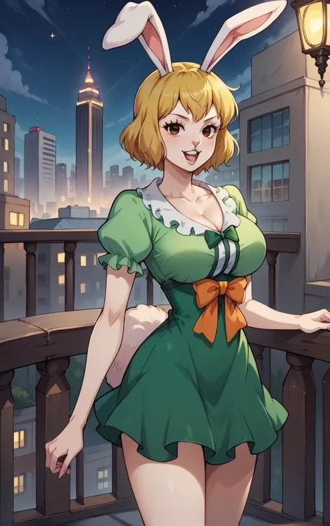 score_9, score_8_up, score_7_up, BREAK
GreenDress_Carrot_ownwaifu,
1girl, blonde hair, rabbit girl, short hair, furry female, rabbit tail, animal ears, brown eyes, rabbit ears, buck teeth, large breasts, animal nose, body fur, white fur, collarbone, bare legs, colored skin,
dress, green dress, short sleeves, puffy sleeves, bow, cleavage, puffy short sleeves, frills, green shirt, short dress,
(standing, arm_support), railing, cityscape, night, city, city lights, scenery, starry sky, vanishing point, outdoors, <lora:PONYXL_ONEPIECE_Carrot_ownwaifu:0.8> , depth of field, solo,