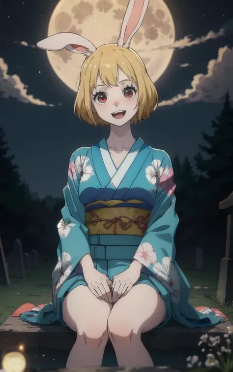 (masterpiece, best quality:1.4), insaneres, absurdres, solo, looking at viewer,BREAK
Kimono_Wano_Carrot_ownwaifu,
1girl, blonde hair, rabbit girl, furry female, short hair, rabbit tail, large breasts, rabbit ears, animal ears, collarbone, red eyes, white fur, animal nose, body fur, buck teeth, bangs, groin, white skin,
japanese clothes, kimono, obi, sash, floral print,
(sitting, full moon), graveyard, grave, tombstone, moonlight, <lora:ONEPIECE_Wano_Carrot_ownwaifu:0.8> , depth of field, solo,