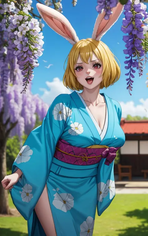 (masterpiece, best quality:1.4), insaneres, absurdres, solo, looking at viewer,BREAK
Kimono_Wano_Carrot_ownwaifu,
1girl, blonde hair, rabbit girl, furry female, short hair, rabbit tail, large breasts, rabbit ears, animal ears, collarbone, red eyes, white fur, animal nose, body fur, buck teeth, bangs, groin, white skin,
japanese clothes, kimono, obi, sash, floral print,
(leaning forward, arms behind back), cowboy shot, garden, wisteria, outdoors, <lora:ONEPIECE_Wano_Carrot_ownwaifu:0.85> , depth of field, solo,