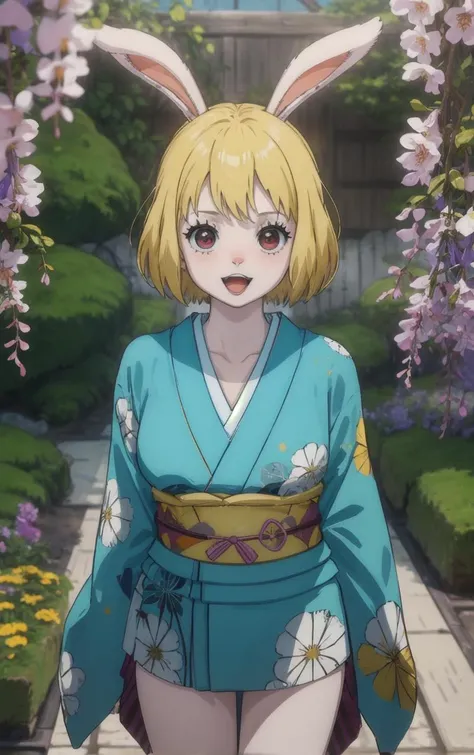 (masterpiece, best quality:1.4), insaneres, absurdres, solo, looking at viewer,BREAK
Kimono_Wano_Carrot_ownwaifu,
1girl, blonde hair, rabbit girl, furry female, short hair, rabbit tail, large breasts, rabbit ears, animal ears, collarbone, red eyes, white fur, animal nose, body fur, buck teeth, bangs, groin, white skin,
japanese clothes, kimono, obi, sash, floral print,
(leaning forward, arms behind back), cowboy shot, garden, wisteria, outdoors, <lora:ONEPIECE_Wano_Carrot_ownwaifu:0.85> , depth of field, solo,