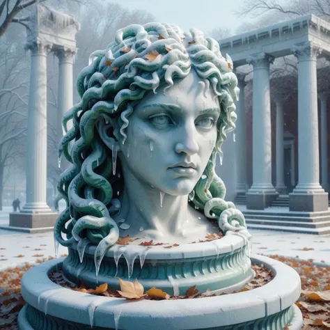 <lora:Ice:1>ice,gorgon,statue,best quality,masterpiece,4k,park,fallen leaves,blizzard,tears,antique mosaic,column,
