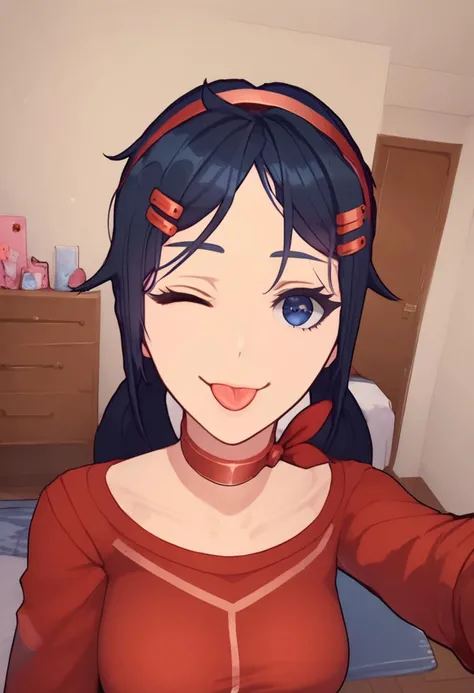 score_8_up, 1girl, solo, Mita, dark blue eyes, dark blue hair, braids hair, red hairband, choker, sexy underwear, hair ornament, looking at viewer, squeezing breasts together, one breast out, on her back, lying on bed, knees up, from top view, smiling, open mouth, tongue out, Expressiveh, ((selfie, one arm out, one arm out selfie)), golden hour, vivid colors, dynamic angle