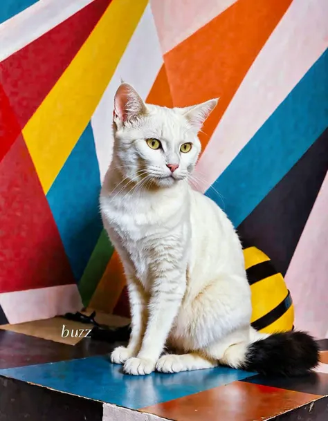 In an abstract, imaginative exploration of emotions, the subject is a white little cat rendered in a non-representational style that emphasizes color and shape over realism. The focus is on expressing the emotional life of the cat through dynamic use of colors, shapes, lines, and textures. While the feline form remains recognizable as a cat, it takes on an exaggerated, almost surreal quality in this abstract interpretation. The vibrant palette and bold brushstrokes capture the playful curiosity and mischievousness of the creature, while other aspects convey more nuanced emotions such as contentment or apprehension. The artwork invites viewers to interpret the cat's feelings based on their own personal associations with colors, shapes, and abstract forms, fostering a unique connection between artist and viewer through this imaginative exploration of emotion.