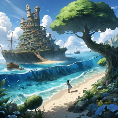 dame una isla gigante en el mar con grandes murallas y de unas construcciones antiguas y una paisaje hermoso y version anime