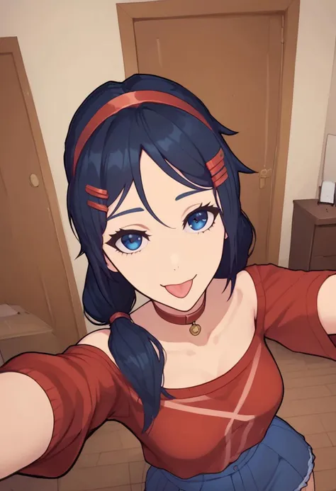 score_8_up, 1girl, Mita, dark blue eyes, dark blue hair, braids hair, red hairband, choker, blue lingerie, hair ornament, looking at viewer, squeeze boobs together, winks at viewer, smiling, tongue out, Expressiveh, ((selfie, one arm out, one arm out selfie, one girl taking a selfie:1.2)), view from above, in the street, sunny day, vivid colors, dynamic angle
