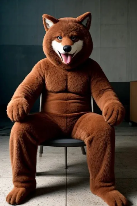 A guy in a fursuit sits on a chair in a burning building, Fursuit wolf is muscular with black eyes that look in each direction, making an angry face, Cinnamon fur with a small tail, fursuit, furry body, furry costume, furry