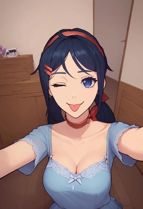 score_8_up, 1girl, solo, Mita, dark blue eyes, dark blue hair, braids hair, red hairband, choker, sexy underwear, hair ornament, looking at viewer, squeezing breasts together, one breast out, smiling, open mouth, tongue out, Expressiveh, ((selfie, one arm out, one arm out selfie)), lying on her back, lying on bed, knees up, from top view, golden hour, vivid colors, dynamic angle