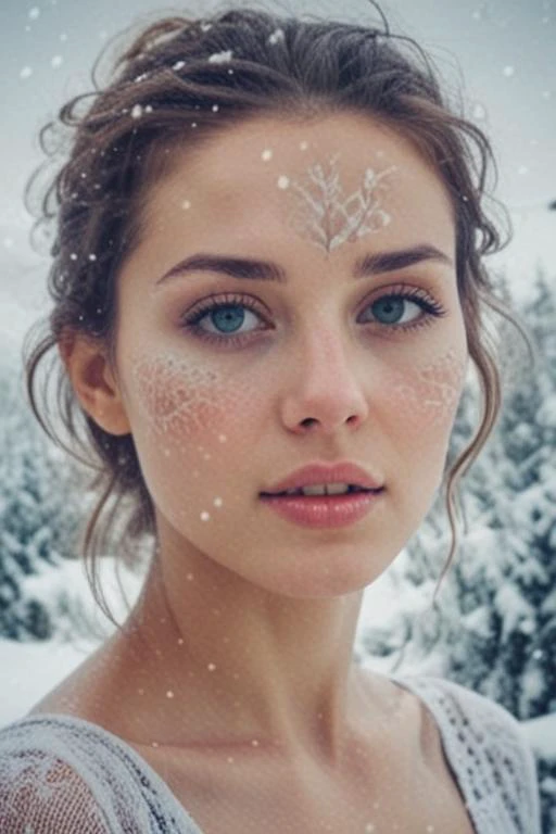 A surreal double exposure portrait that combines a woman's face with a beautiful snowy landscape. The overall atmosphere is dreamy and mystical, with rich colors and intricate details. <lora:pocket_calendar:1> <lora:Calendar:0.93>