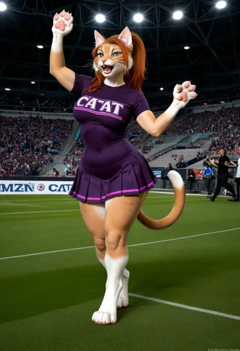 A 35mm photo of a beautiful redhead, she is an anthropomorphic cat , cat face, cat nose, cat teeth, magenta cropped running t-shirt, skin tight cheerleader dress, cheering in a football stadium, digitigrade cat feet, hair in high ponytail cat ears, cat fur, cat tail, cat paw like hands, cat fur, wide round hips, large soft thighs, soft tummy
paw pads on hands, waving at the crowd with one hand and her other hand is on her hip, three fingers,