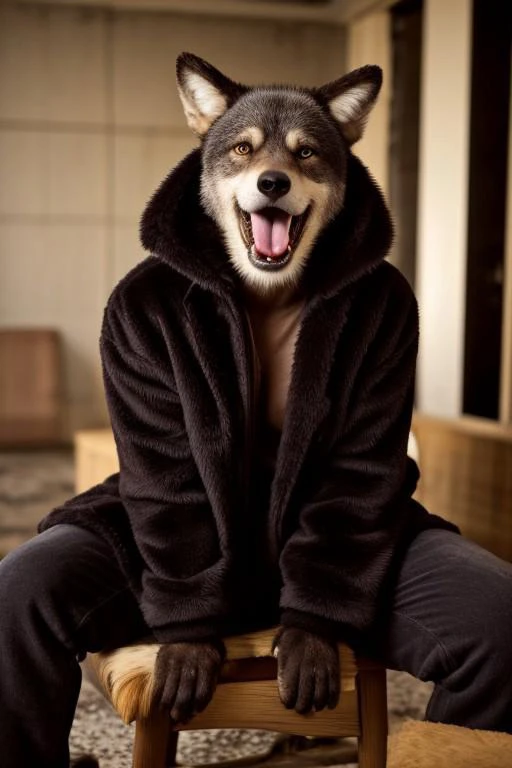 A guy in a fursuit sits on a chair in a burning building, Fursuit wolf is muscular with black eyes that look in each direction, making an angry face, Cinnamon fur with a small tail, fursuit, furry body, furry