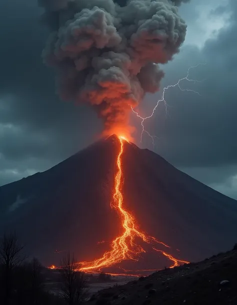 A towering, active volcano in mid-eruption under a dark, stormy sky. Molten lava flows down the sides of the volcano, glowing bright orange and red, while thick clouds of ash and smoke billow upward, obscuring part of the sky. The surrounding landscape is rugged, with charred trees and rocks, and the ground is littered with glowing embers. Lightning streaks through the ash cloud, adding a sense of danger and intensity to the scene. The overall mood is dramatic and chaotic, with intense contrasts between the fiery lava and the dark sky.