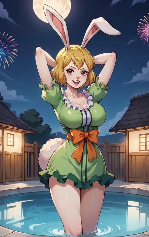 score_9, score_8_up, score_7_up, BREAK
GreenDress_Carrot_ownwaifu,
1girl, blonde hair, rabbit girl, short hair, furry female, rabbit tail, animal ears, brown eyes, rabbit ears, buck teeth, large breasts, animal nose, body fur, white fur, collarbone, bare legs, colored skin,
dress, green dress, short sleeves, puffy sleeves, bow, cleavage, puffy short sleeves, frills, green shirt, short dress,
(contrapposto, arms behind head, aerial fireworks), wading, neon_lights, cityscape, night, pool, full moon, outdoors, <lora:PONYXL_ONEPIECE_Carrot_ownwaifu:0.9> , depth of field, solo,