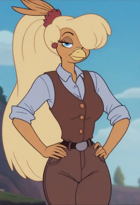 Goldie, big hair, beak, bird girl, breasts, solo, blonde hair, animal ears,bird girl, long hair,1girl, long hair,blonde hair, solo, brown vest, shirt,blue eyes, vest, hands on own hips, very long hair, pants, hair over one eye, brown pants, sleeves rolled up, looking at viewer, breasts, brown shirt, standing, cowboy shot, furry, collared shirt, open vest, buttons, medium breasts, tied shirt, grey shirt, outdoors, half-closed eyes
score_9, score_8_up, score_7_up, score_6_up <lora:GoldieRockaPony1.0:0.8>