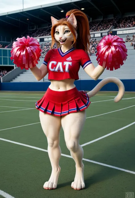 A 35mm photo of a beautiful redhead, she is an anthropomorphic cat , cat face, cat nose, cat teeth, magenta cropped running t-shirt, skin tight cheerleader dress, cheering in a football stadium, digitigrade cat feet, hair in high ponytail cat ears, cat fur, cat tail, cat paw like hands, cat fur, wide round hips, large soft thighs, soft tummy
paw pads on hands, waving at the crowd with one hand and her other hand is on her hip, three fingers, no pompoms