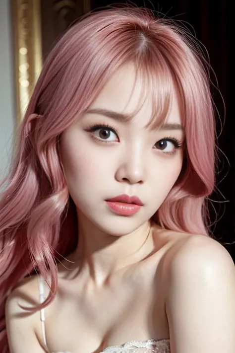 film grain,detailed,1 Ulzzang girl,long lashes,mascara,aegyo sal,cleavage visible,bangs,wavy hair,pink hair,cute,(Amorous eyes),oval face,(masterpiece:1.2) and (best quality:1.2) and (photorealistic:1.4) and (Realistic:1.4) and Detailed Skin Textures and detailed skin pores,wear detailed elegant dresses,indoor