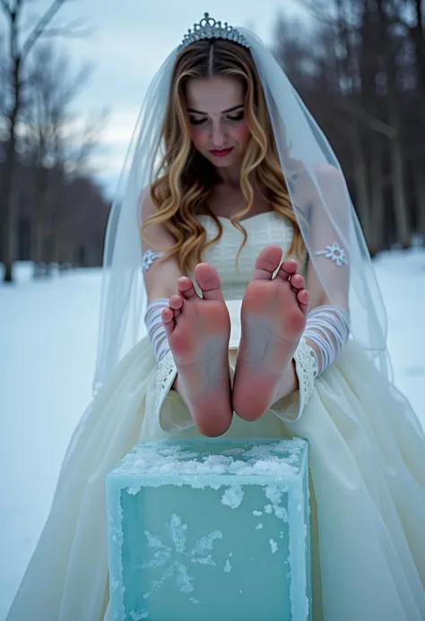 A nervous bride with feet encased in ice blocks.