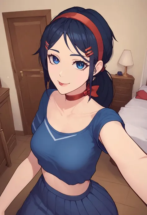 score_8_up, 1girl, Mita, dark blue eyes, dark blue hair, braids hair, red hairband, choker, blue lingerie, hair ornament, looking at viewer, squeeze boobs together, winks at viewer, smiling, tongue out, Expressiveh, ((selfie, one arm out, one arm out selfie, one girl taking a selfie:1.2)), view from above, in the street, sunny day, vivid colors, dynamic angle