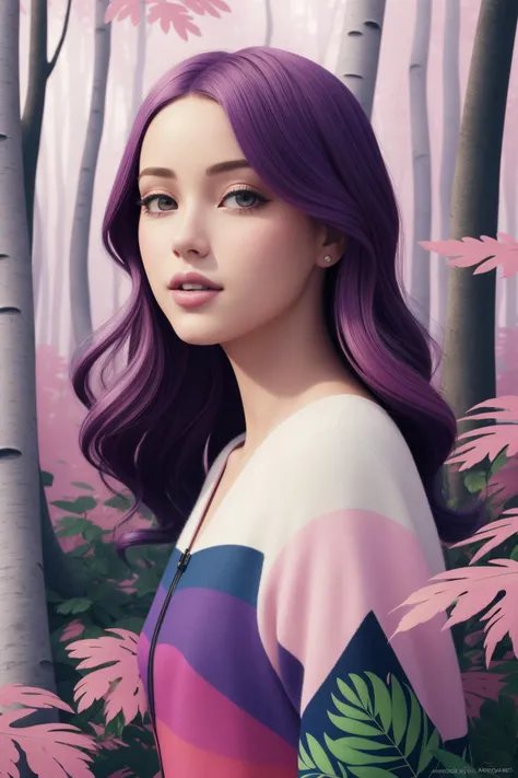 1girl, vibrant Digital painting, intricate background, medium close-up shot of a Matte Grand Mauve and Navy ("The Crowd of Lust":1.3) , dense foliage with Birch, Foggy, deep focus, Sketch, Light and Bright, Decora, side light, F/8, Kinemacolor, Rainbow and Pink fractal art, cinematic, arthouse, unreal engine