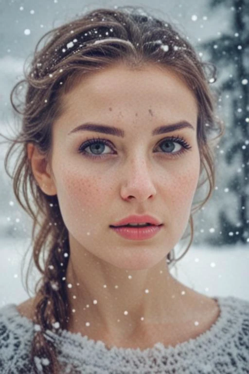 A surreal double exposure portrait that combines a woman's face with a beautiful snowy landscape. The overall atmosphere is dreamy and mystical, with rich colors and intricate details. <lora:pocket_calendar:1> <lora:Calendar:0.93>