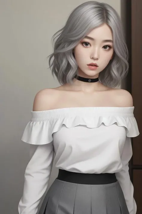 best quality, ultra high res, (photorealistic:1.4), 1 woman , off shoulder white shirt, black tight skirt, black choker, (faded ash gray hair:1), (huge breasts:1.2), looking at viewer, closeup lora:koreandolllikeness v20:0.66