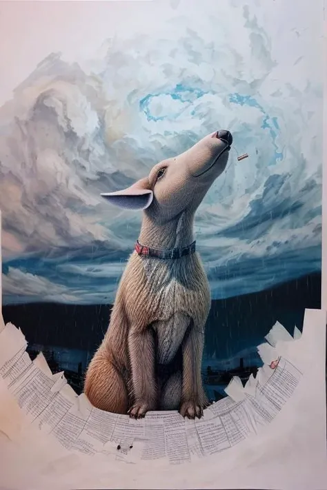 In a dreamlike setting, an artistic aardvark stands poised, eyes aglow with mystical intensity, amidst swirling clouds of wispy smoke and fragmented thoughts. As it raises its paw, rain showers of scribbled sketches and torn paper flutter down, engulfing the world in chaotic creativity.