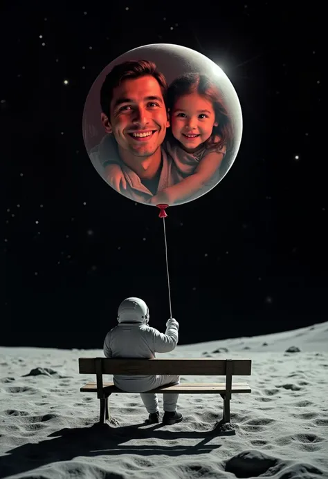 The astronaut is sitting alone on a bench on the moon, holding a red balloon in his hand, looking up and ahead, in the air is a huge transparent unreal photo of his smiling family, symbolizing his missing. The red balloon looks abrupt, the atmosphere is very sad, the background is black and starry, movie poster, perfect composition, super detailed, facing the audience