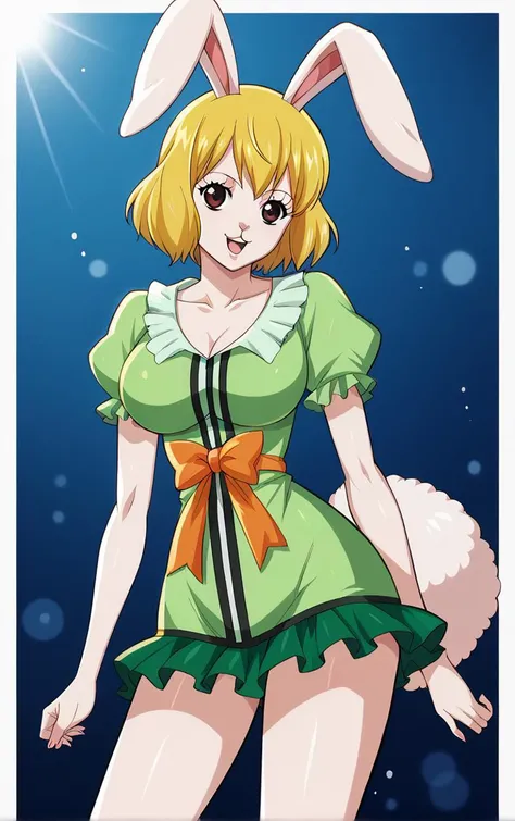 score_9, score_8_up, score_7_up, BREAK
GreenDress_Carrot_ownwaifu,
1girl, blonde hair, rabbit girl, short hair, furry female, rabbit tail, animal ears, brown eyes, rabbit ears, buck teeth, large breasts, animal nose, body fur, white fur, collarbone, bare legs, colored skin,
dress, green dress, short sleeves, puffy sleeves, bow, cleavage, puffy short sleeves, frills, green shirt, short dress,
(portrait, head tilt, looking at viewer), white border, bokeh, <lora:PONYXL_ONEPIECE_Carrot_ownwaifu:0.8>, solo,