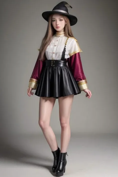best quality, masterpiece, realistic, photorealistic, 1girl, solo, looking at viewer, full body, cyb dress, collared shirt, long sleeves, necktie, capelet, frills, badge, long dress, high heels, witch hat, simple background, <lora:magic_costume_style2_v2:0.65>saggy breast