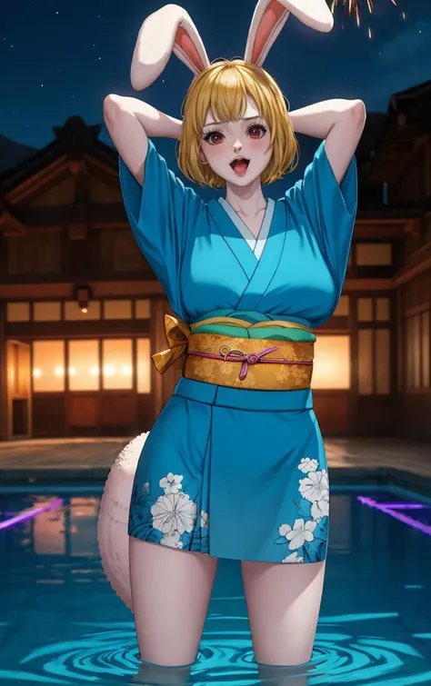 (masterpiece, best quality:1.4), insaneres, absurdres, solo, looking at viewer,BREAK
Kimono_Wano_Carrot_ownwaifu,
1girl, blonde hair, rabbit girl, furry female, short hair, rabbit tail, large breasts, rabbit ears, animal ears, collarbone, red eyes, white fur, animal nose, body fur, buck teeth, bangs, groin, white skin,
japanese clothes, kimono, obi, sash, floral print,
(contrapposto, arms behind head, aerial fireworks), wading, neon_lights, cityscape, night, pool, full moon, outdoors, <lora:ONEPIECE_Wano_Carrot_ownwaifu:0.9> , depth of field, solo,