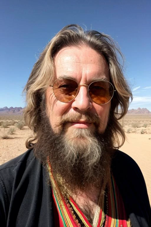 masterpiece, high contrast, cool 65yo male hippie , wild hippie beard (wild hippie hair:0.7) psychedelic long dress, sunlight, very close portrait, reflection glasses, desert background, beautiful eyes, fantasy art, in the style of Artgerm