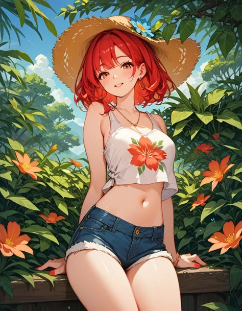 score_9, score_8_up, score_7_up, score_6_up, score_5_up, score_4_up, rating_explicit,
a female, red hair, lush floral garden, tight-fitting tank tops, denim shorts, bare thighs.