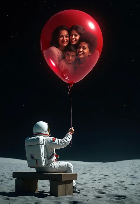 The astronaut is sitting alone on a bench on the moon, holding a red balloon in his hand. He is looking up and ahead. In the air is a huge transparent, illusory photo of a family of three smiling, symbolizing his longing. The red balloon looks abrupt, the atmosphere is very sad, the background is black and starry, movie poster, perfect composition, super detailed, facing the audience