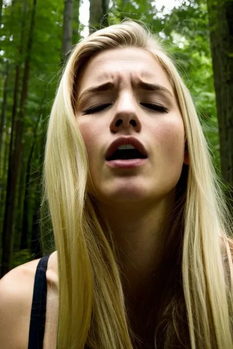 from front,orgasm face,female orgasm,orgasm,(A photo of a 18-year-old american idol),closed eyes, solo, teeth, long hair,face close-up, outdoors,blond, open mouth, <lora:orgasm face_v2:0.8>, masterpiece,best quality,best aesthetic,forest background,day